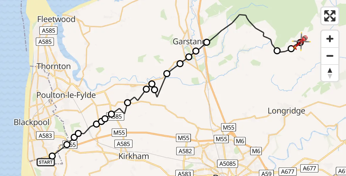 Flight route map: Air Ambulance Helicopter to Ribble Valley, Ribble Valley