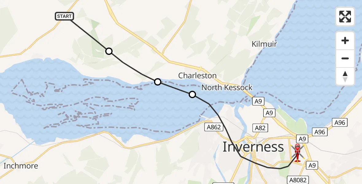 Flight route map: Air Ambulance Helicopter to Inverness, Sir Walter Scott Drive