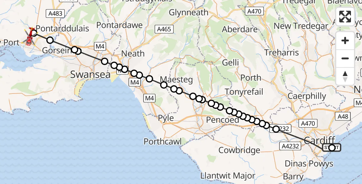 Flight route map: Air Ambulance Helicopter to Felinfoel, Y Fron