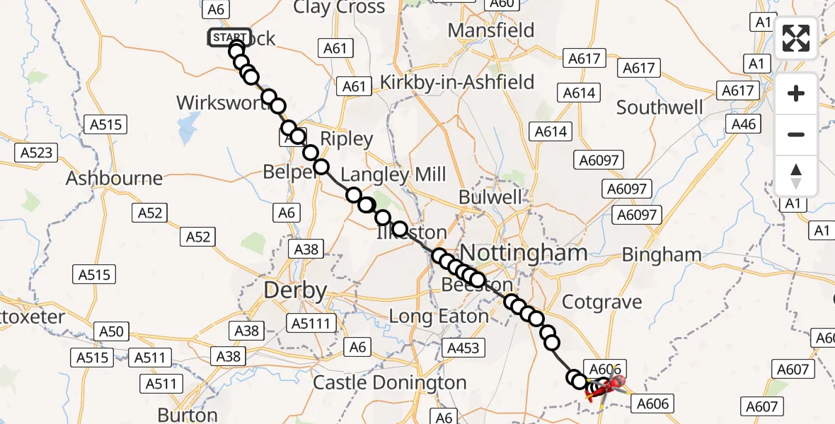 Routekaart van de vlucht: Air Ambulance Helicopter to Nottingham Heliport, Nottingham Heliport