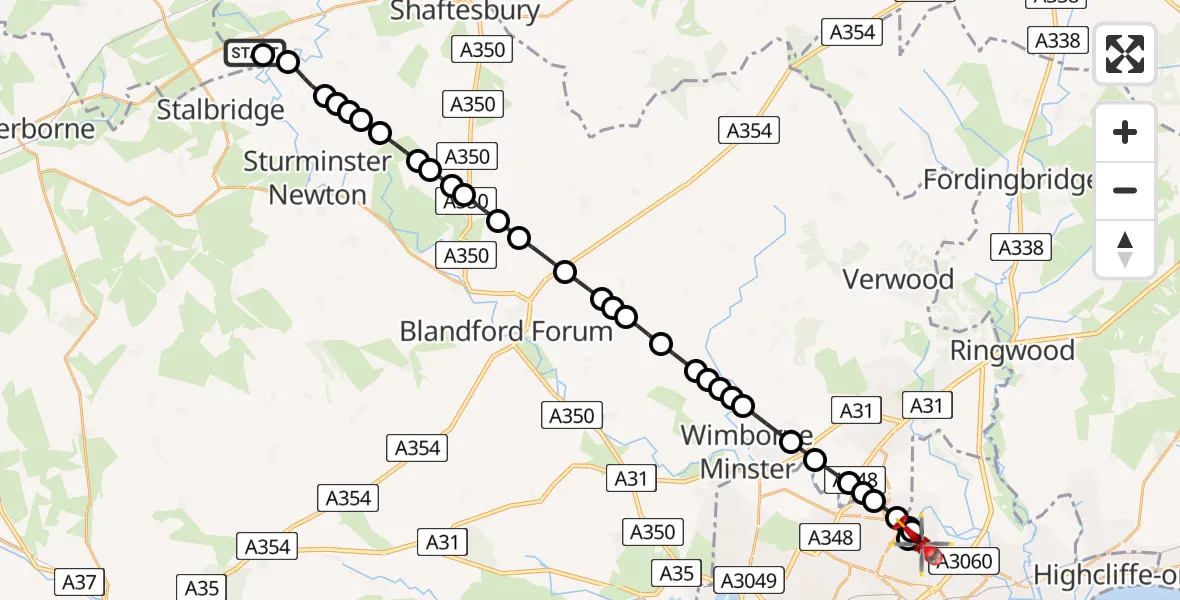 Flight route map: Air Ambulance Helicopter to Throop, Shillingstone Drive