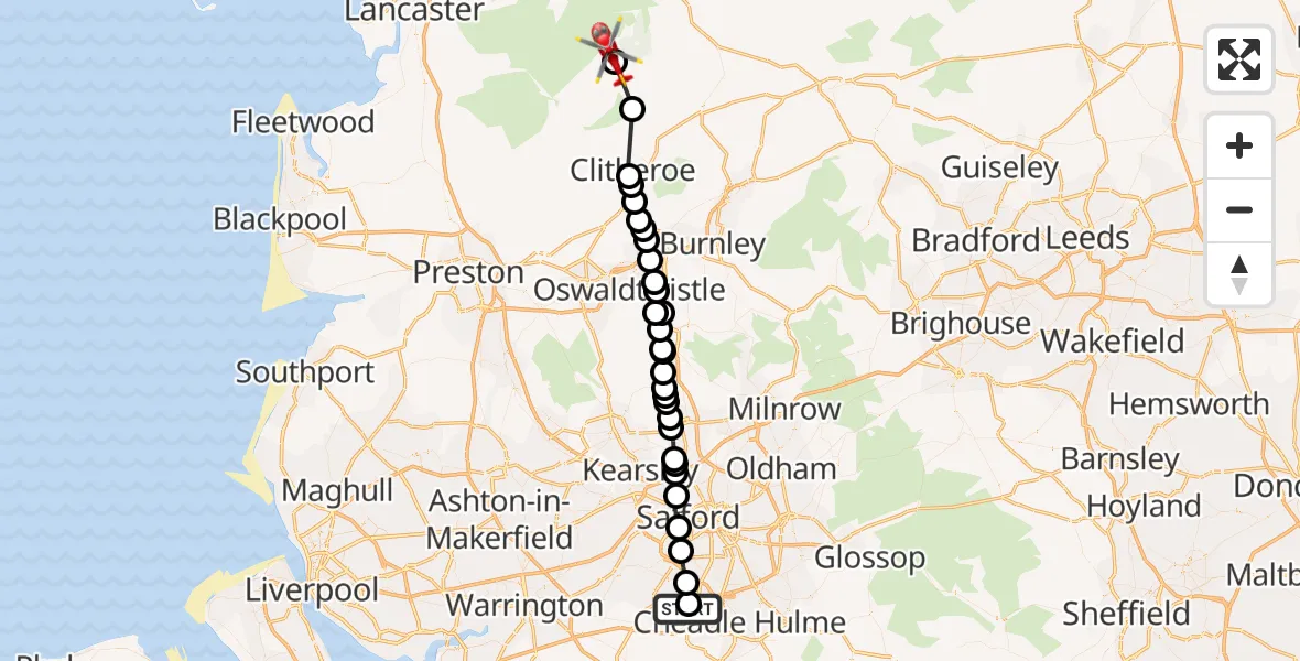 Flight route map: Air Ambulance Helicopter to Ribble Valley, Ribble Valley