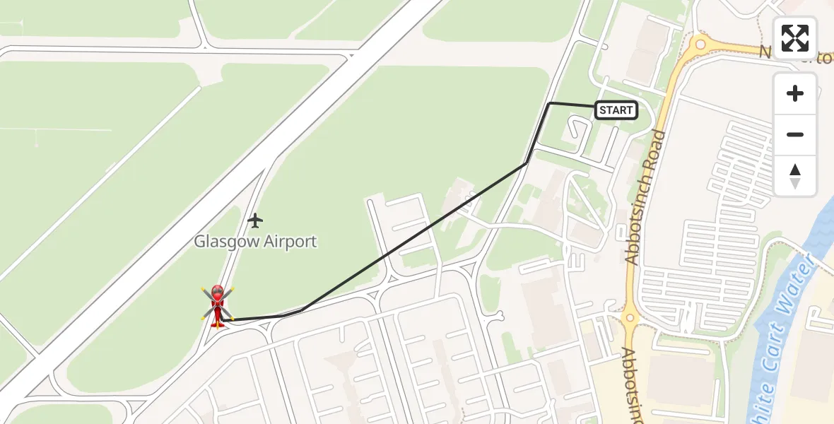 Flight path map showing Air Ambulance Helicopter route from Glasgow Airport to Glasgow Airport