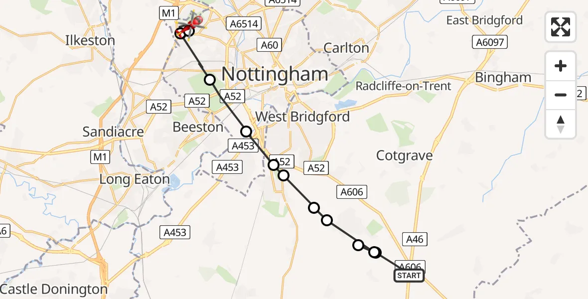 Flight route map: Air Ambulance Helicopter to Bulwell, Westleigh Road