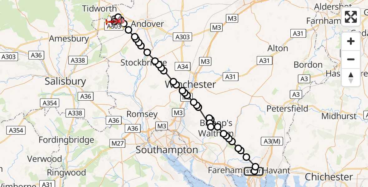 Flight route map: Air Ambulance Helicopter to Thruxton Aerodrome, Thruxton Aerodrome