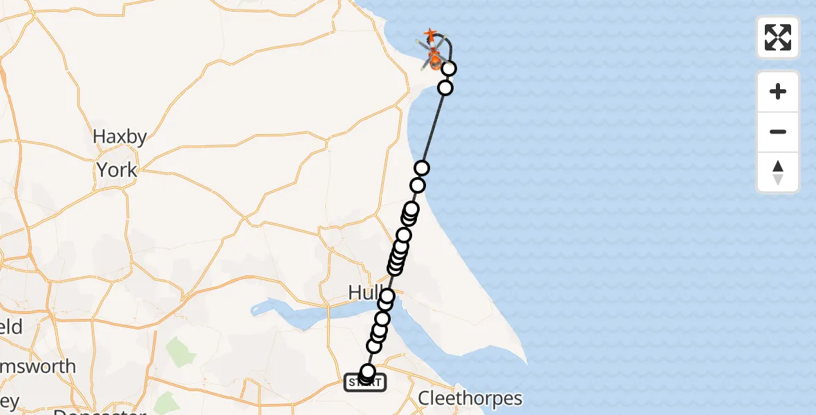 Flight route map: Coastguard Helicopter to North Sea, North Sea