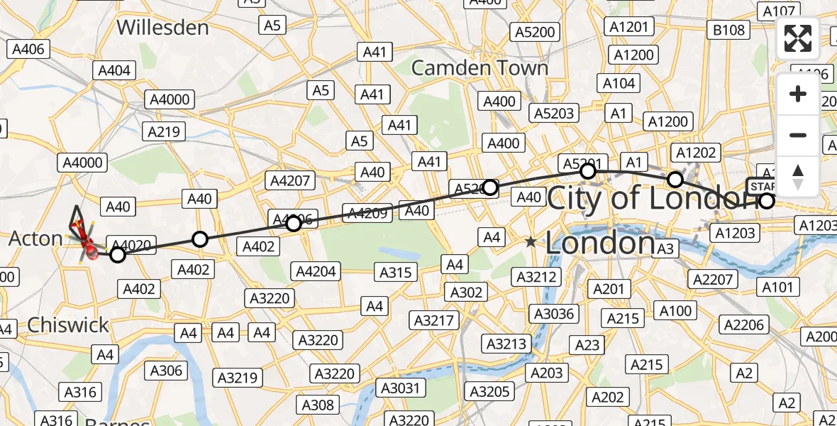 Flight route map: Air Ambulance Helicopter to London Borough of Ealing, East Churchfield Road