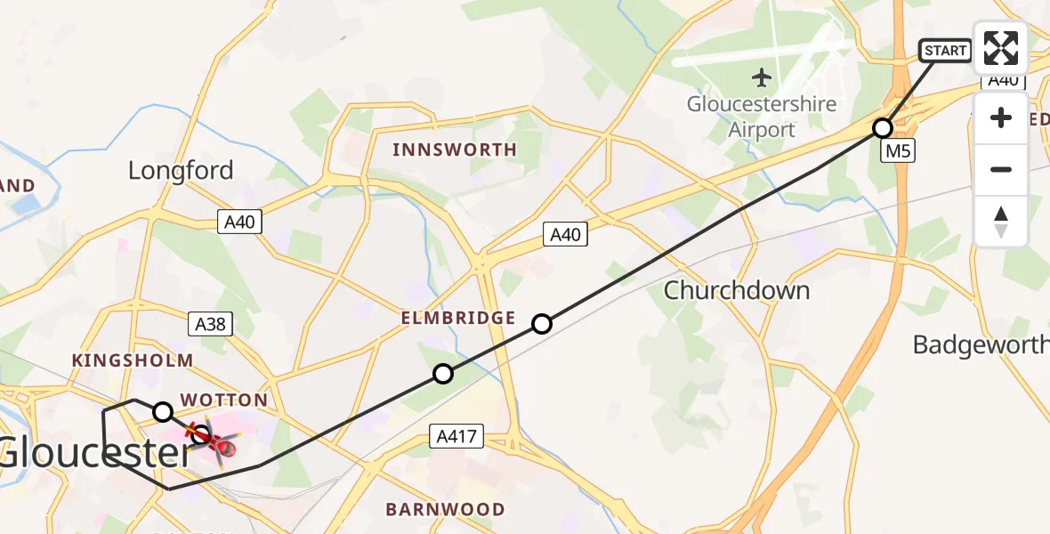 Flight route map: Air Ambulance Helicopter to Gloucester, Pitt Street