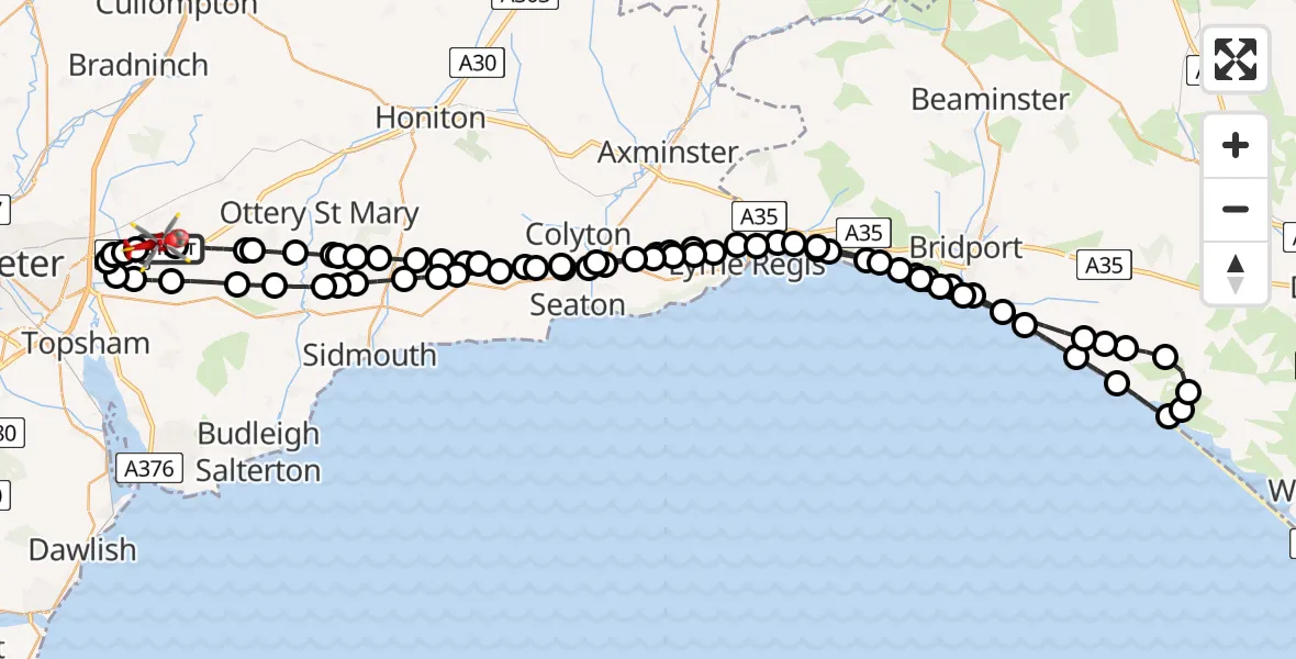 Flight path map showing Air Ambulance Helicopter route from Exeter International Airport to Exeter International Airport