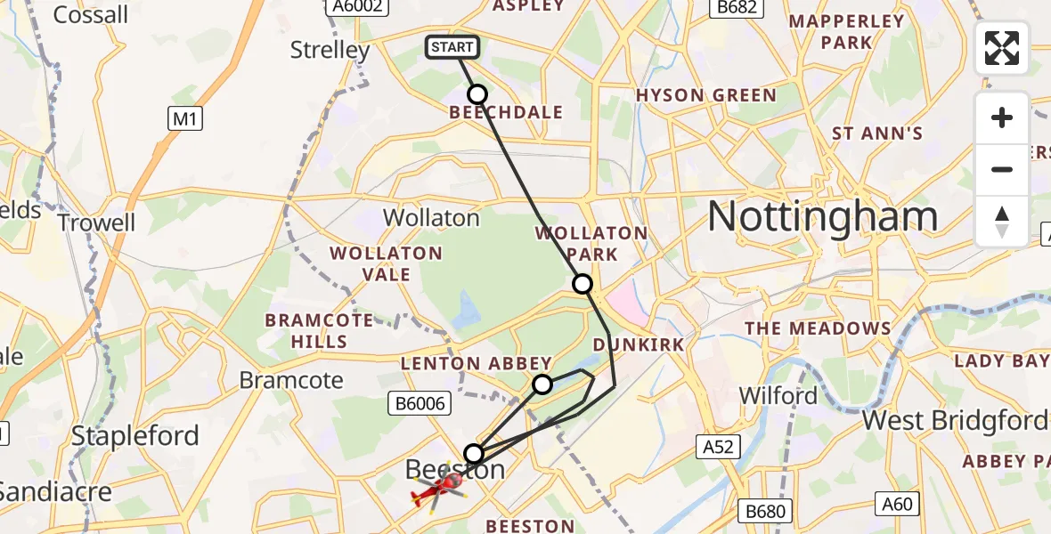 Flight route map: Air Ambulance Helicopter to Beeston, Imperial Road