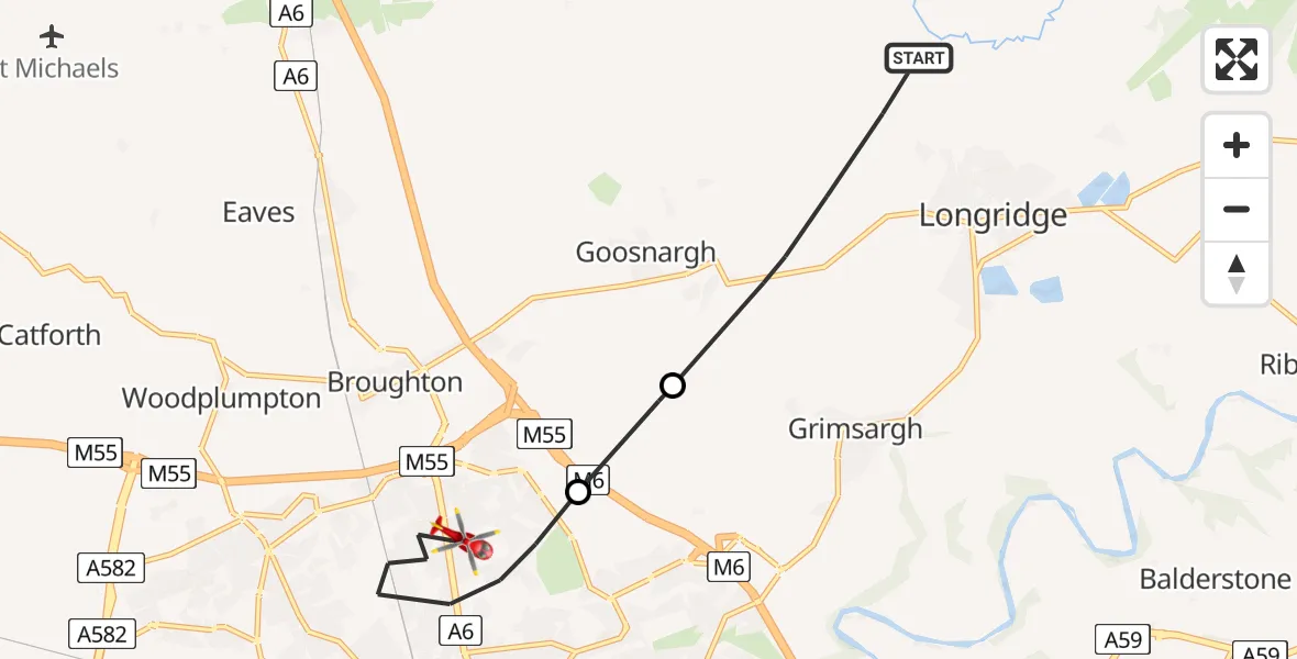 Flight route map: Air Ambulance Helicopter to Preston, Sharoe Green Lane