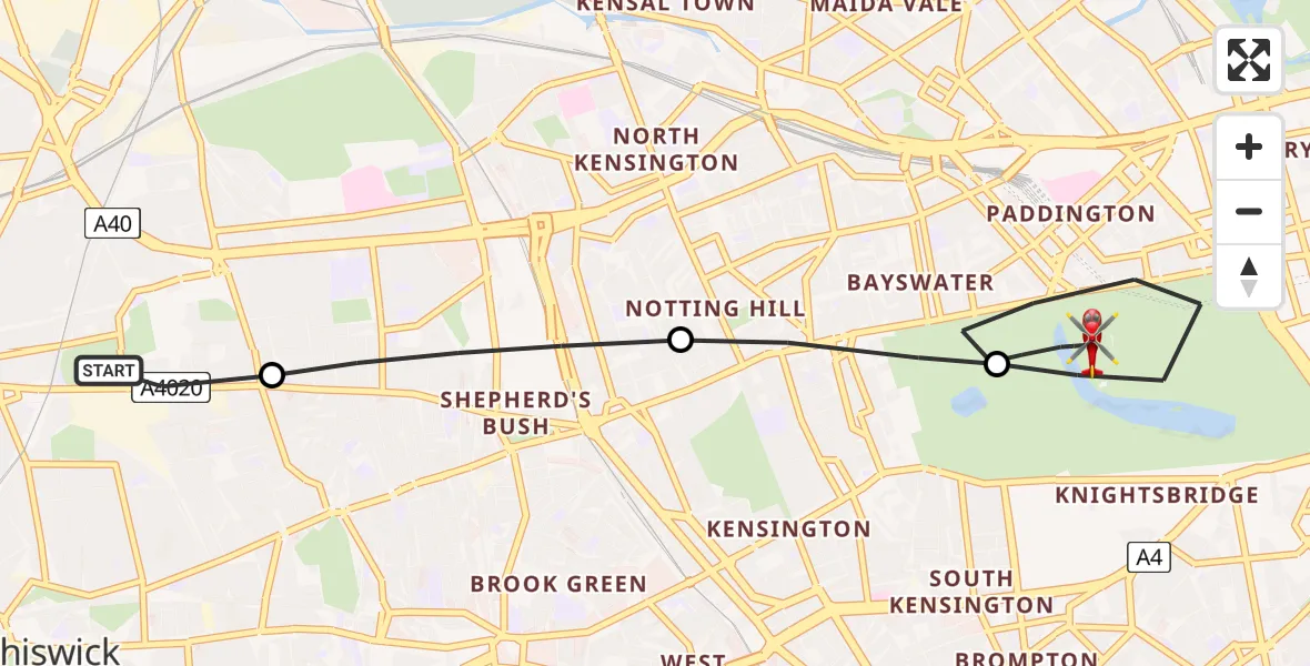 Flight route map: Air Ambulance Helicopter to City of Westminster, West Carriage Drive