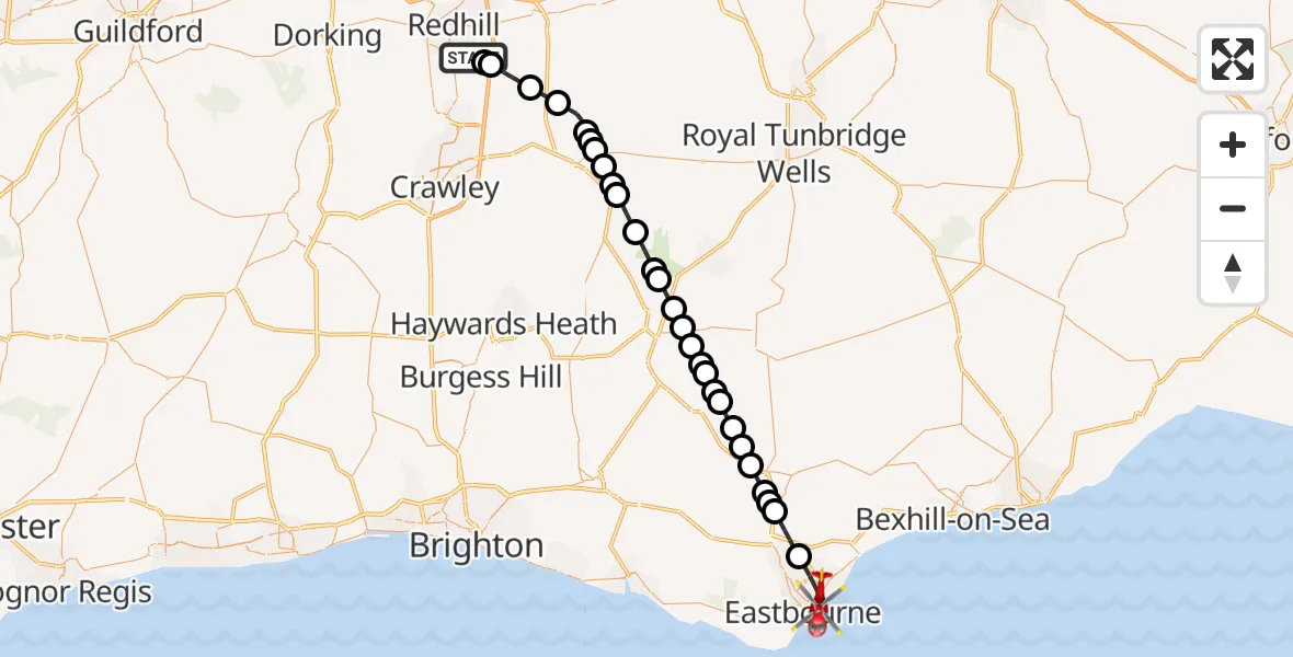Flight route map: Air Ambulance Helicopter to Eastbourne, Royal Parade