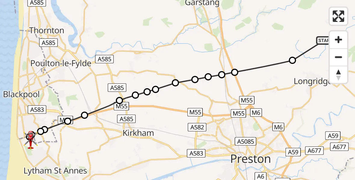 Flight route map: Air Ambulance Helicopter to Blackpool Airport, Blackpool Airport