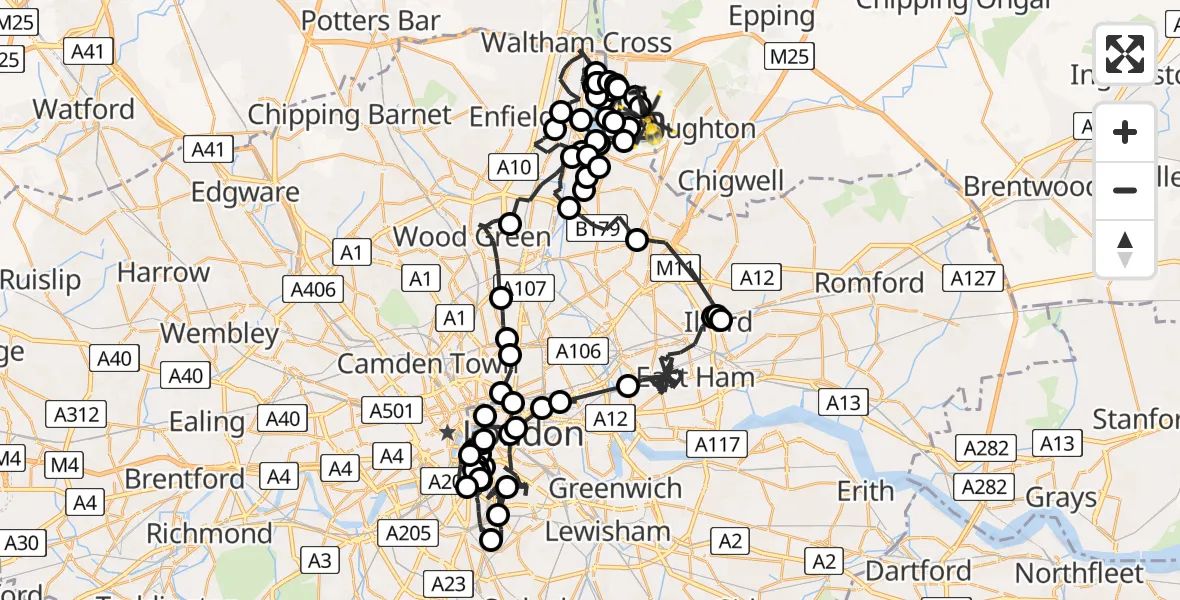 Flight route map: Police Helicopter to Metropolitan Police Air Support Unit Lippitts Hill, Metropolitan Police Air Support Unit Lippitts Hill