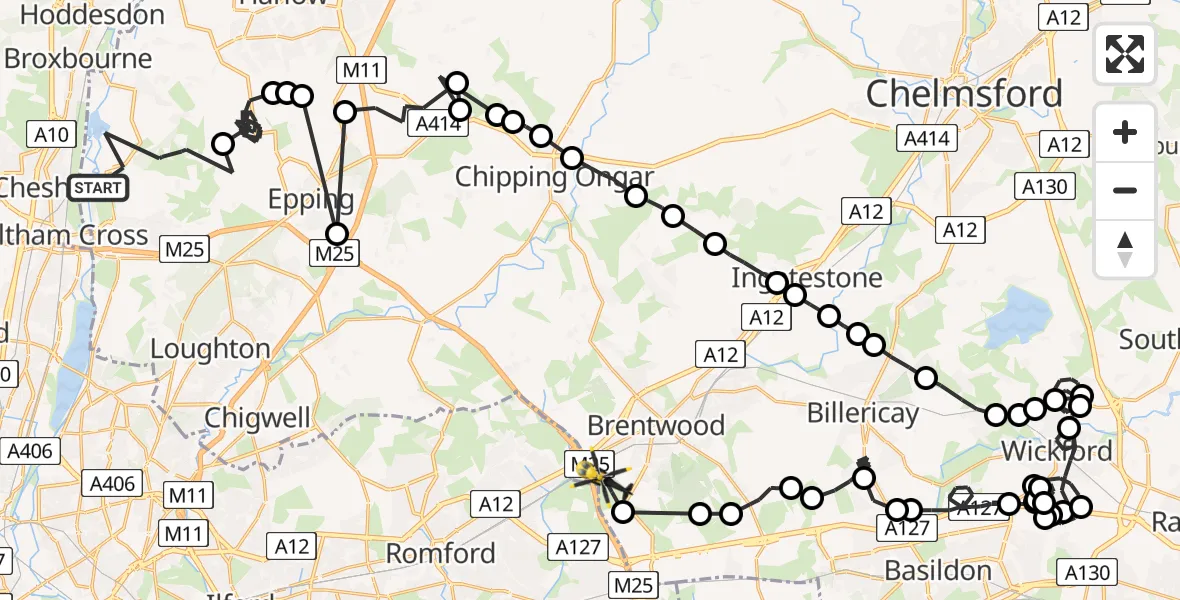 Flight route map: Police Helicopter to Brentwood, M25