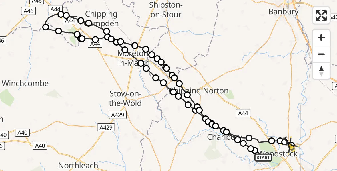 Flight route map: Police Helicopter to Tackley, B4027
