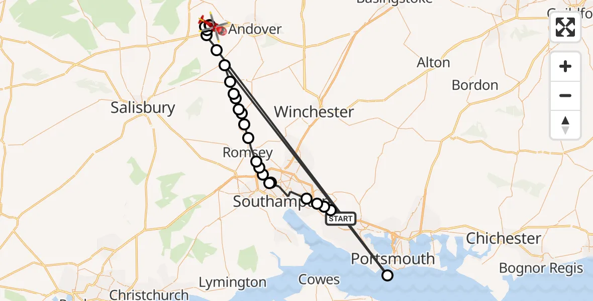 Routekaart van de vlucht: Air Ambulance Helicopter to Thruxton Aerodrome, Thruxton Aerodrome