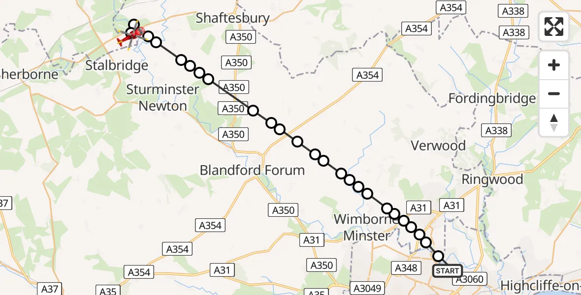 Flight route map: Air Ambulance Helicopter to Henstridge Airfield, Henstridge Airfield