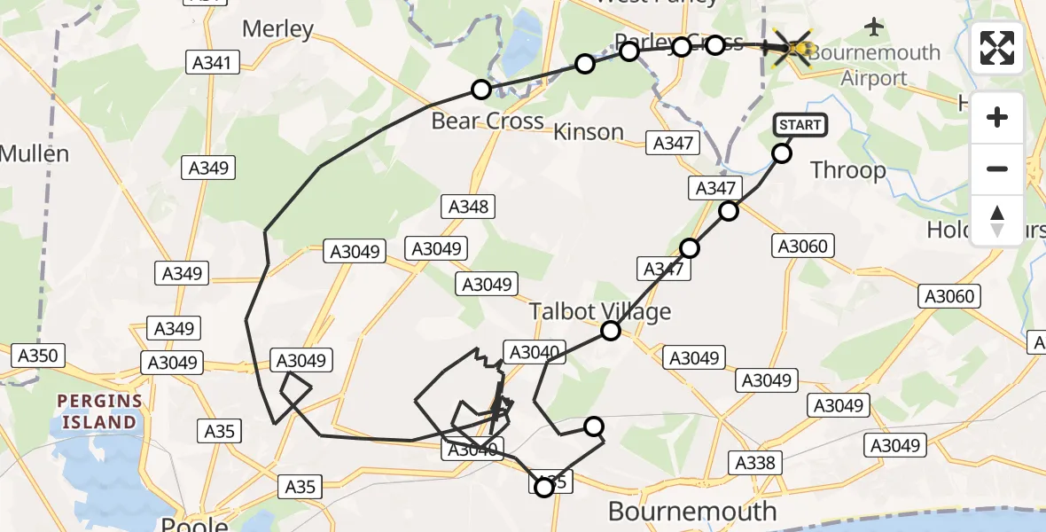 Flight route map: Police Helicopter to Bournemouth Airport, Bournemouth Airport
