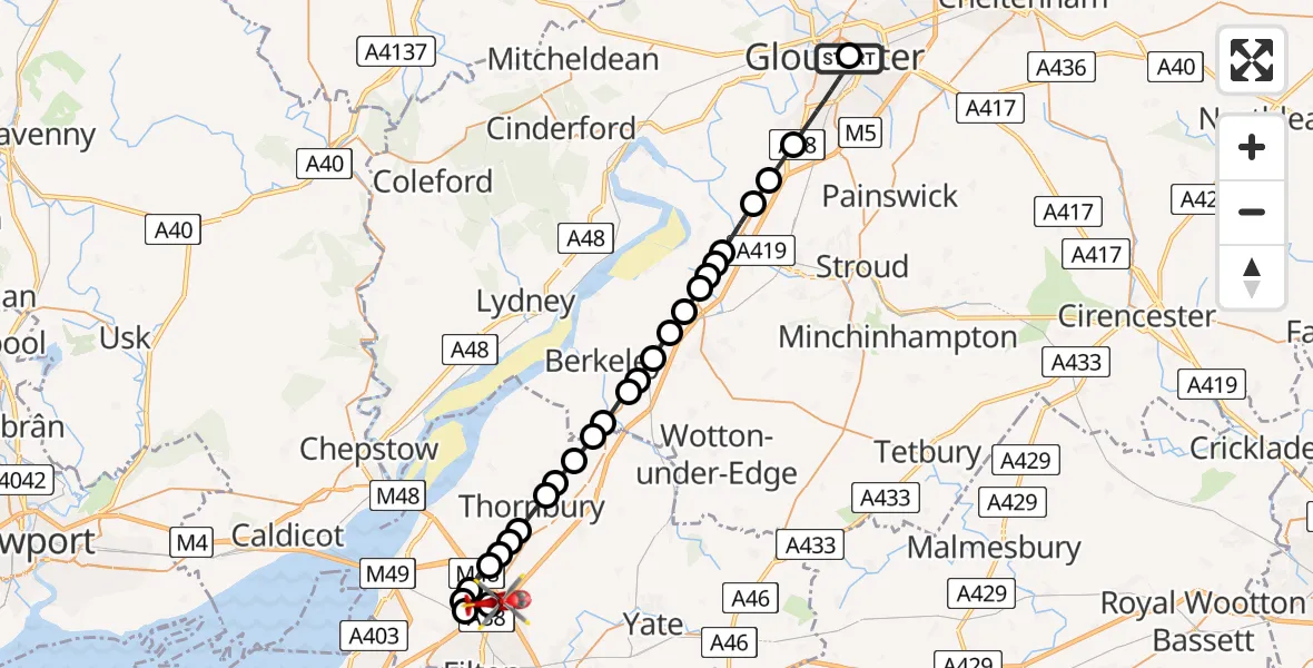 Flight route map: Air Ambulance Helicopter to Almondsbury Helicopter Base, Almondsbury Helicopter Base