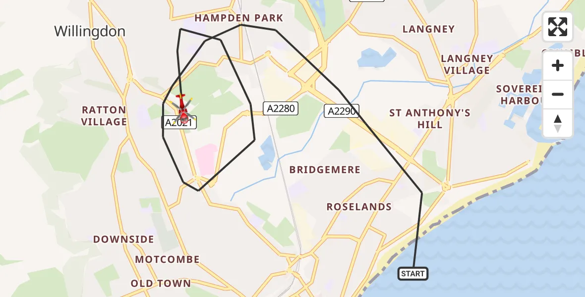 Flight route map: Air Ambulance Helicopter to Eastbourne, Regents Place