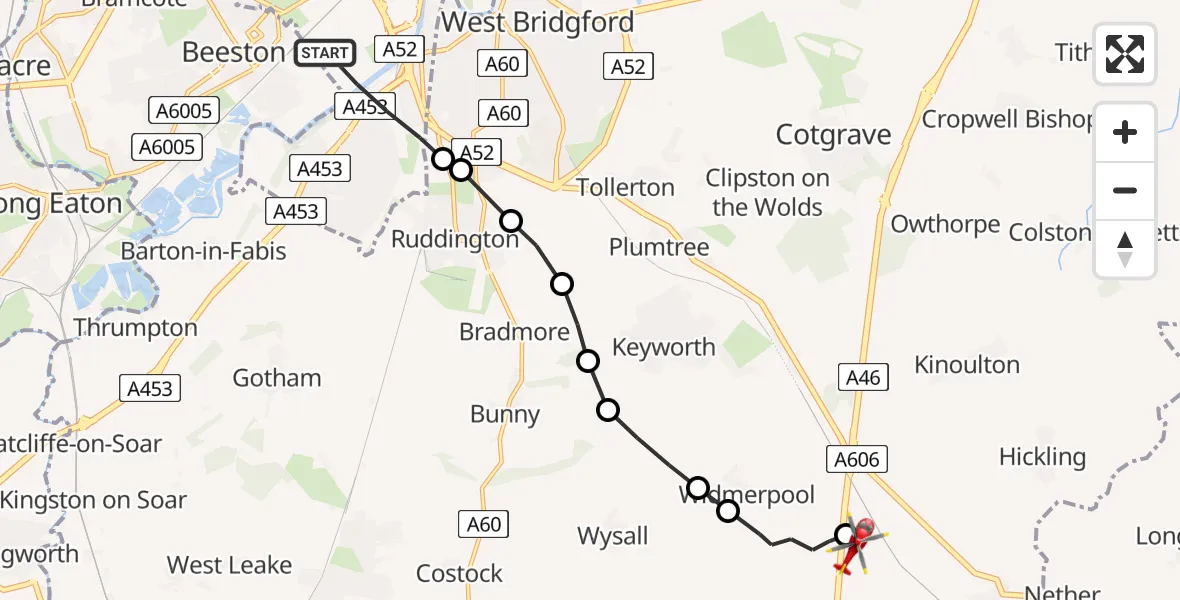 Routekaart van de vlucht: Air Ambulance Helicopter to Nottingham Heliport, Nottingham Heliport