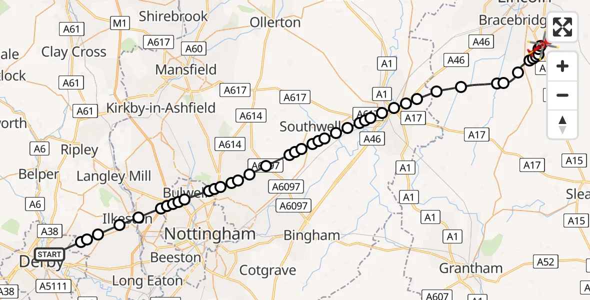 Flight route map: Air Ambulance Helicopter to North Kesteven, Sleaford Road