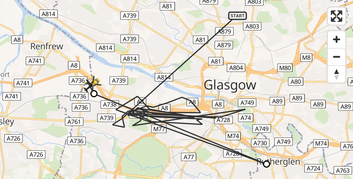 Flight path map showing Police Helicopter route from Glasgow to Glasgow