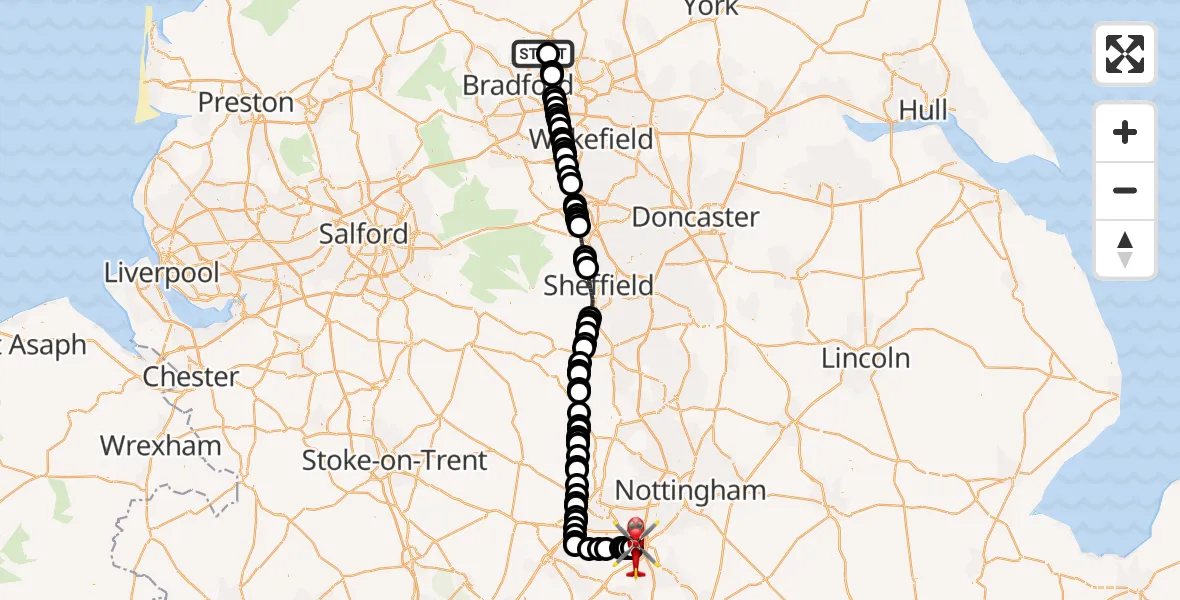 Flight route map: Air Ambulance Helicopter to East Midlands Airport, East Midlands Airport
