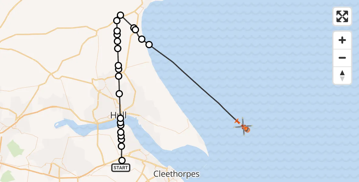 Flight route map: Coastguard Helicopter to North Sea, North Sea