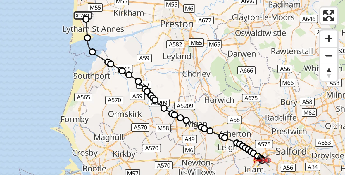 Flight route map: Air Ambulance Helicopter to Irlam, Manchester Barton Aerodrome