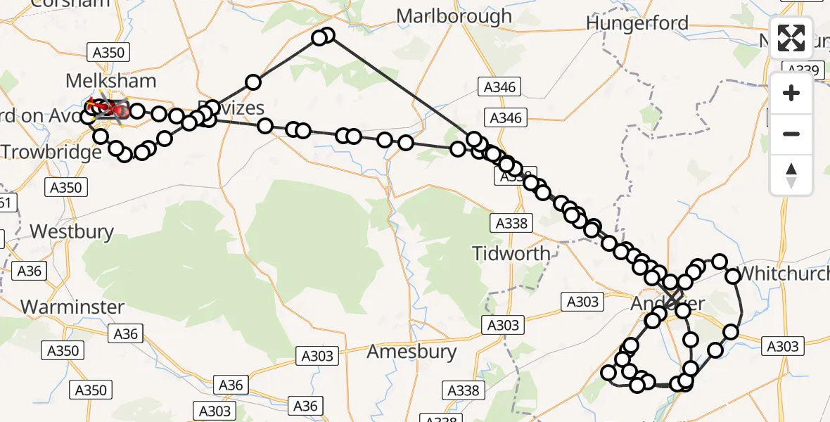 Flight path map showing Air Ambulance Helicopter route from Wiltshire Air Ambulance to Melksham