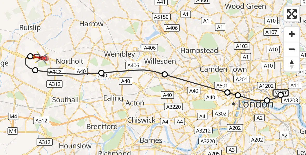 Flight route map: Air Ambulance Helicopter to RAF Northolt, RAF Northolt