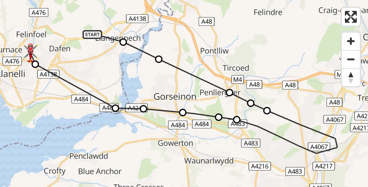 Routekaart van de vlucht: Air Ambulance Helicopter to Llanelli, Bryndulais Avenue