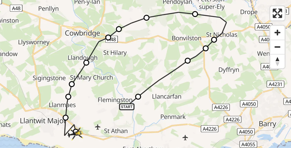 Flight route map: Police Helicopter to Boverton, Mill Lane