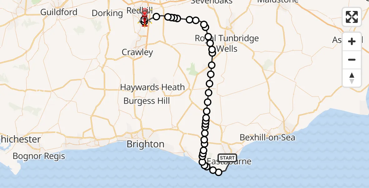 Flight route map: Air Ambulance Helicopter to Redhill Aerodrome, Redhill Aerodrome