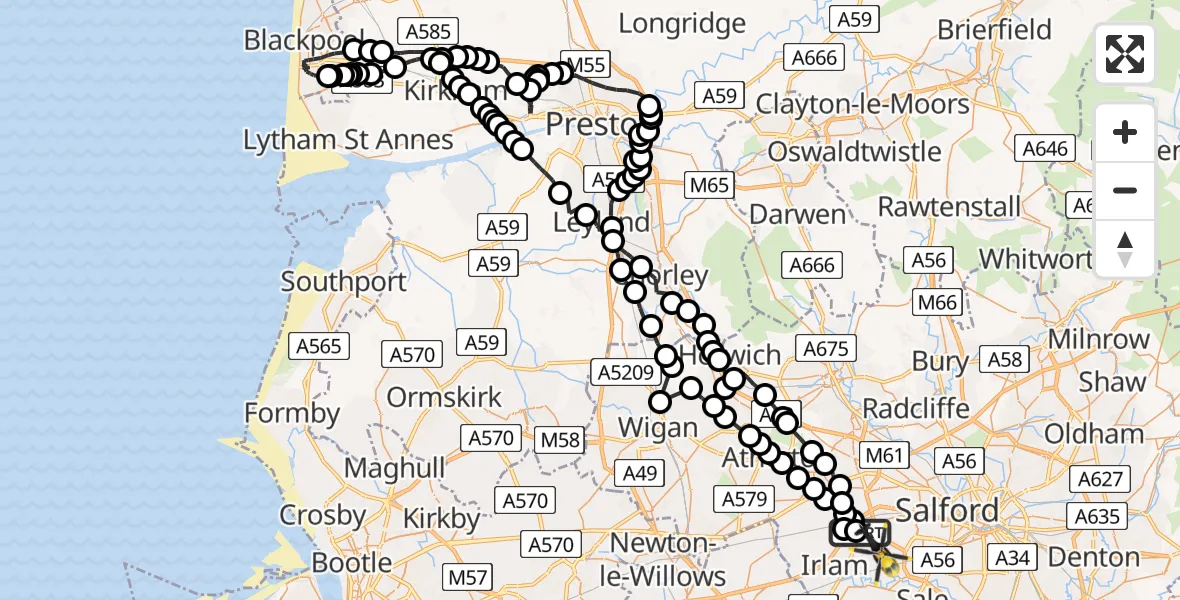 Flight route map: Police Helicopter to Urmston, Broadway