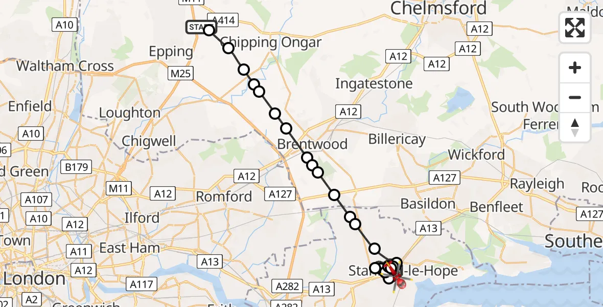 Flight route map: Air Ambulance Helicopter to Stanford-le-Hope, Delamare Close