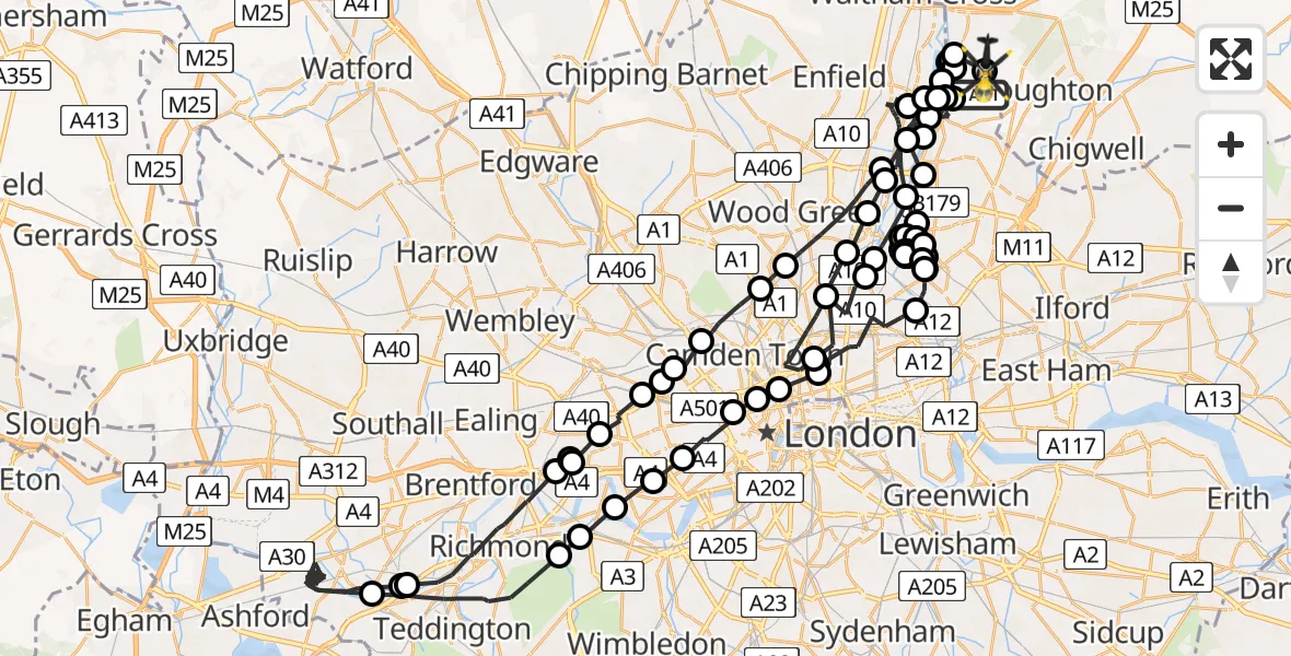 Flight route map: Police Helicopter to Sewardstonebury, Bury Road