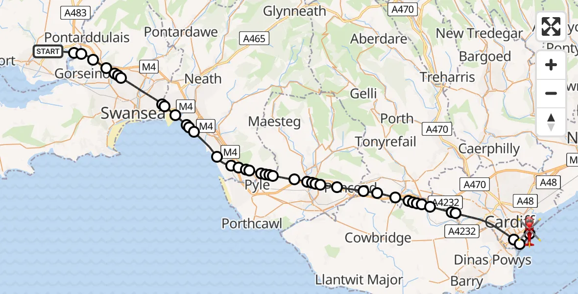 Flight route map: Air Ambulance Helicopter to Cardiff Heliport, Cardiff Heliport