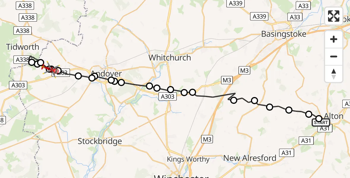 Routekaart van de vlucht: Air Ambulance Helicopter to Thruxton Aerodrome, Thruxton Aerodrome