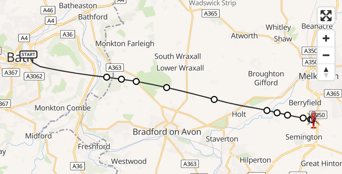 Flight route map: Air Ambulance Helicopter to Wiltshire Air Ambulance, Wiltshire Air Ambulance