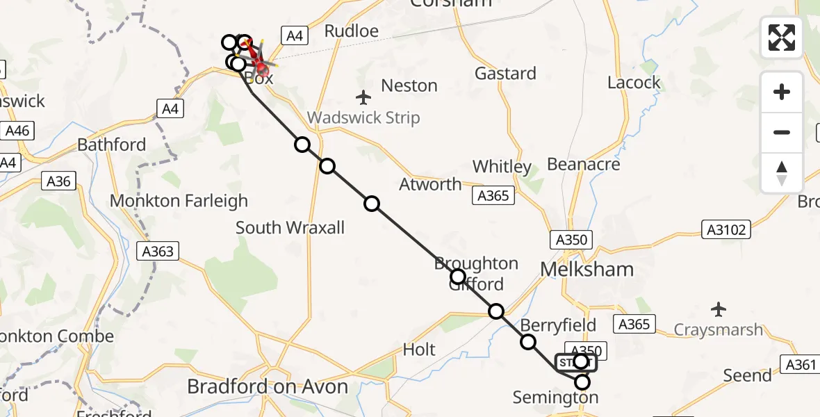 Routekaart van de vlucht: Air Ambulance Helicopter to Box, Mill Lane