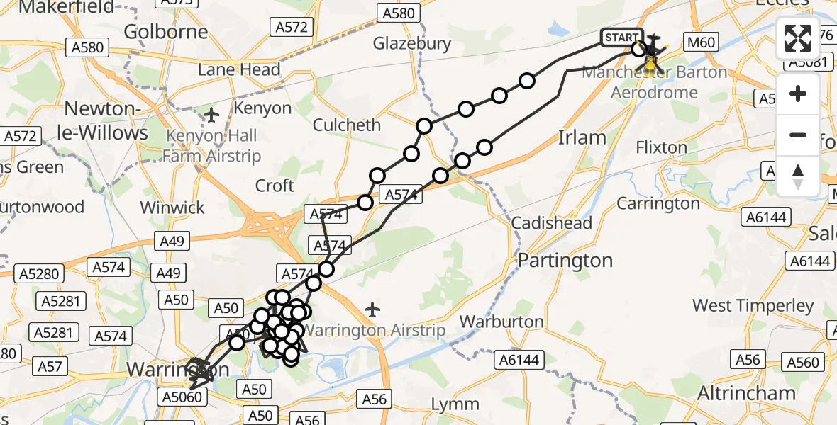 Flight path map showing Police Helicopter route from Irlam to Manchester Barton Aerodrome