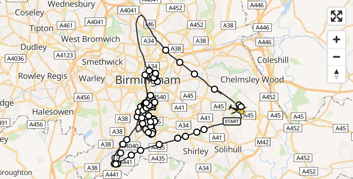 Routekaart van de vlucht: Police Helicopter to Solihull, Rangoon Road