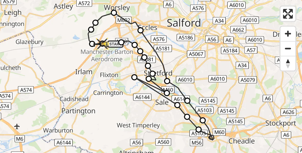 Flight path map showing Police Helicopter route from Manchester Barton Aerodrome to Irlam
