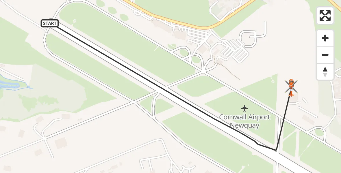 Flight path map showing Coastguard Helicopter route from Cornwall Airport Newquay to Cornwall Airport Newquay