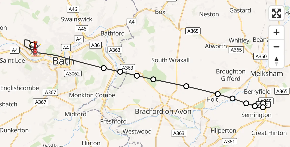 Flight route map: Air Ambulance Helicopter to Royal United Hospital Bath, Royal United Hospital Bath