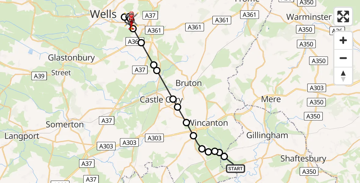 Flight route map: Air Ambulance Helicopter to Croscombe, Thrupe Lane